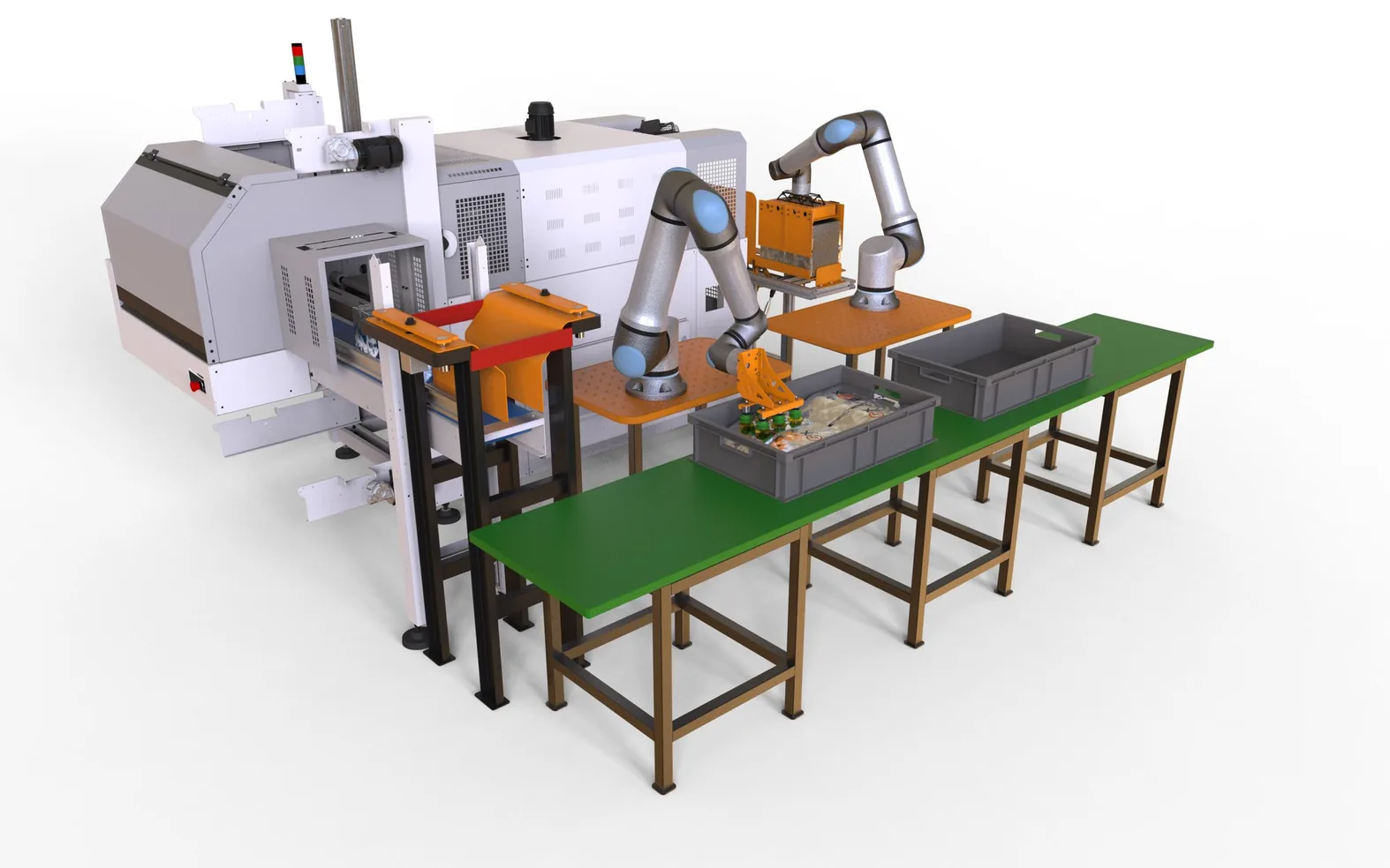 Fox Precision Tooling collaborative robot cell with cobot EOAT working alongside a CNC machine